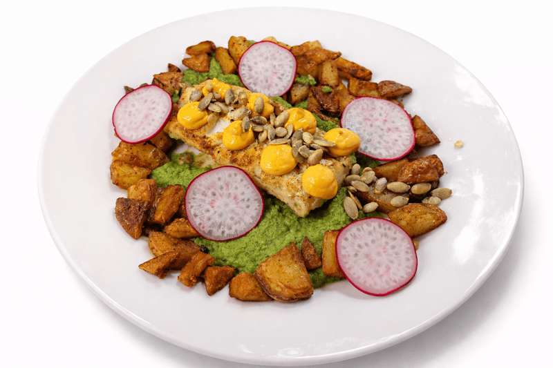 Stekt Torskeloin med Poteter, Brokkolipuré og Chilimayo 